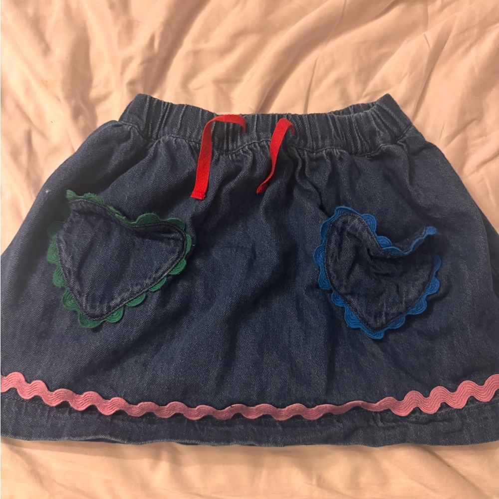 Girls Denim Skirt with Heart Pockets and Pink Trim